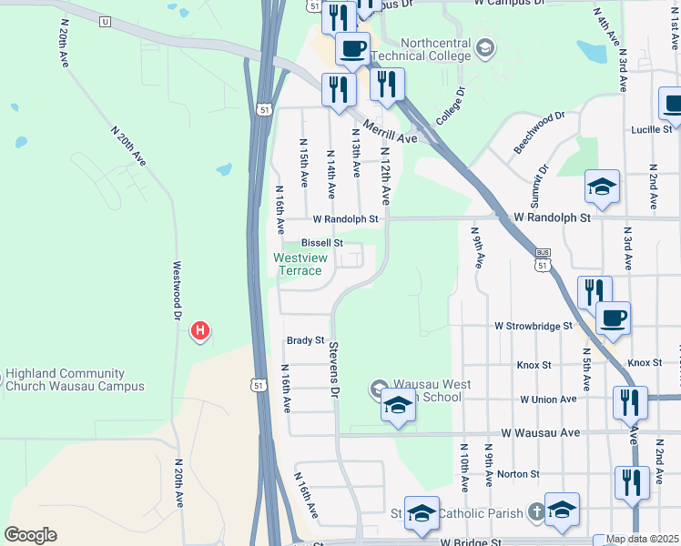 map of restaurants, bars, coffee shops, grocery stores, and more near 1404 Silver Spings Street in Wausau
