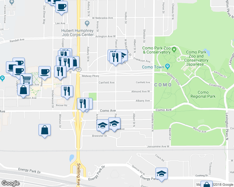 map of restaurants, bars, coffee shops, grocery stores, and more near 3 Pascal Street in Saint Paul