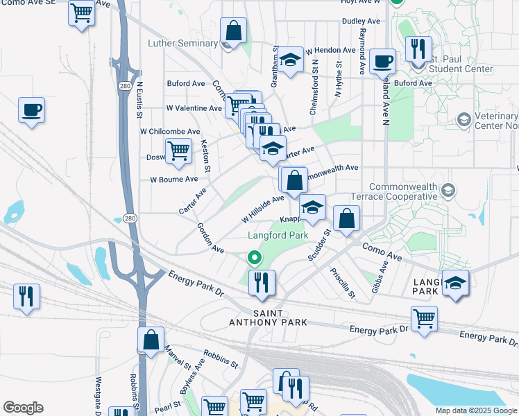 map of restaurants, bars, coffee shops, grocery stores, and more near 2240 West Hillside Avenue in Saint Paul
