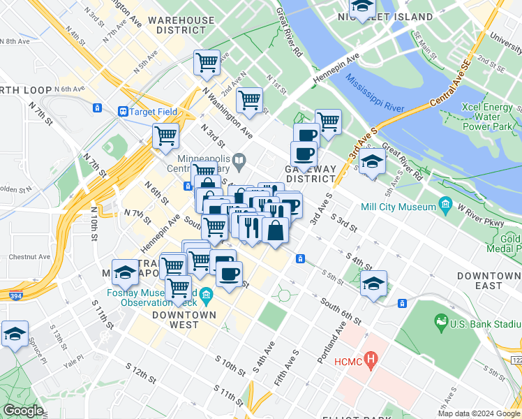 map of restaurants, bars, coffee shops, grocery stores, and more near 409 South Marquette Avenue in Minneapolis