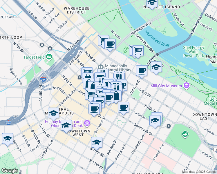 map of restaurants, bars, coffee shops, grocery stores, and more near 409 South Marquette Avenue in Minneapolis
