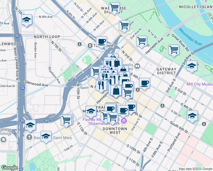 map of restaurants, bars, coffee shops, grocery stores, and more near 600 Hennepin Avenue in Minneapolis