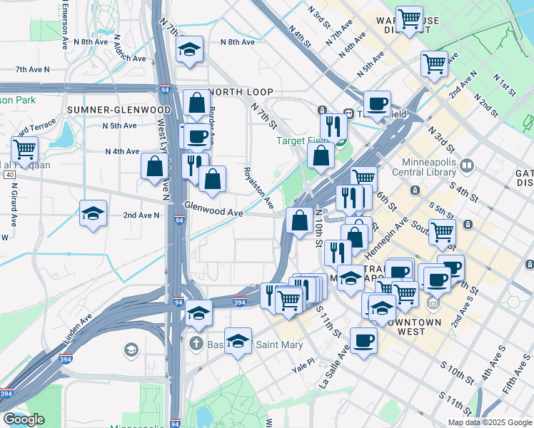 map of restaurants, bars, coffee shops, grocery stores, and more near 110 Glenwood Avenue in Minneapolis