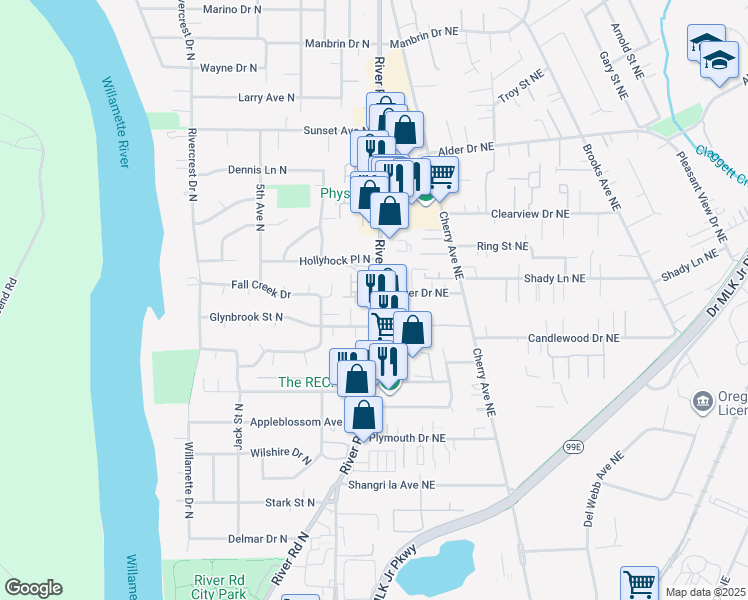 map of restaurants, bars, coffee shops, grocery stores, and more near 3625 River Road North in Keizer