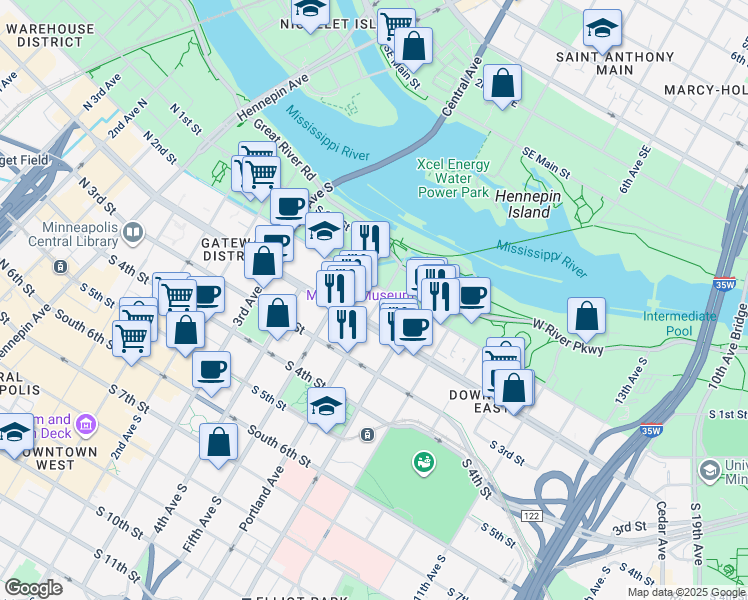 map of restaurants, bars, coffee shops, grocery stores, and more near 212 Portland Avenue South in Minneapolis