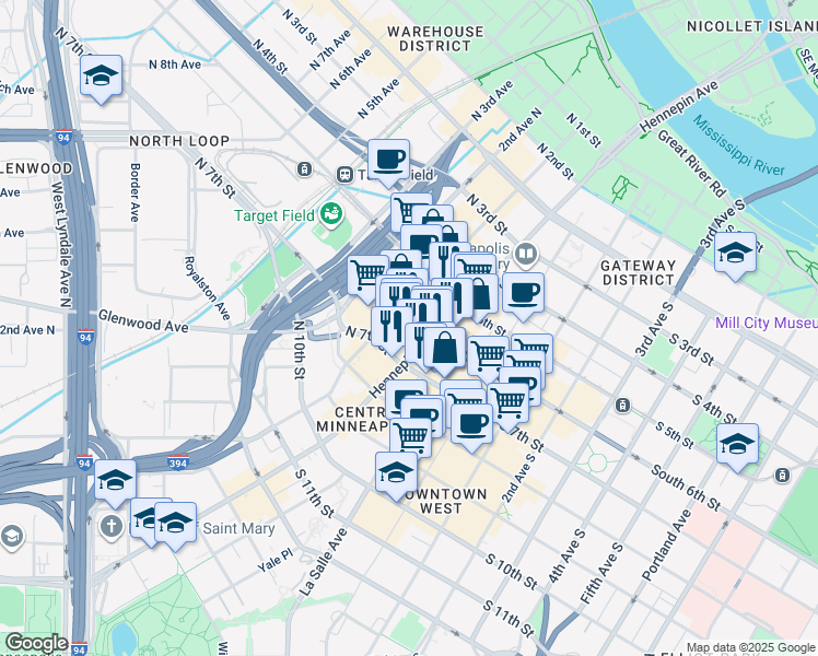 map of restaurants, bars, coffee shops, grocery stores, and more near 600 Hennepin Avenue in Minneapolis