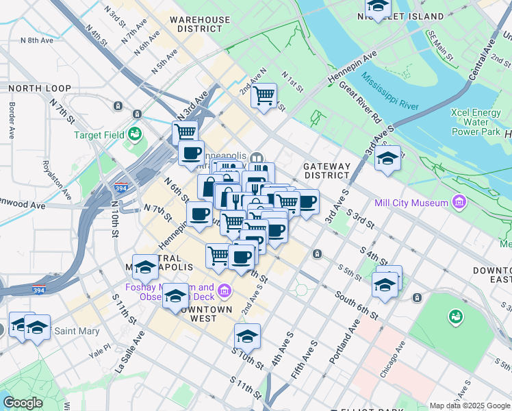 map of restaurants, bars, coffee shops, grocery stores, and more near 465 Nicollet Mall in Minneapolis