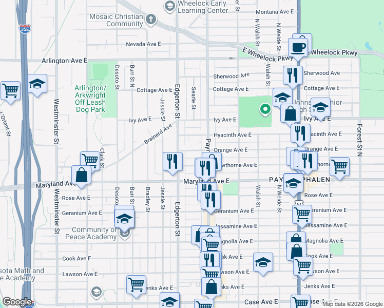 map of restaurants, bars, coffee shops, grocery stores, and more near 606 Orange Avenue East in Saint Paul