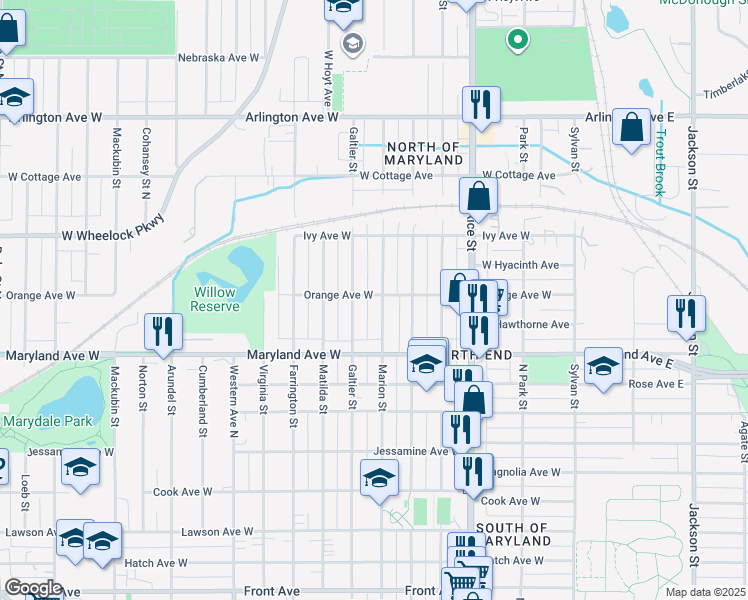 map of restaurants, bars, coffee shops, grocery stores, and more near 1258 Marion Street in Saint Paul