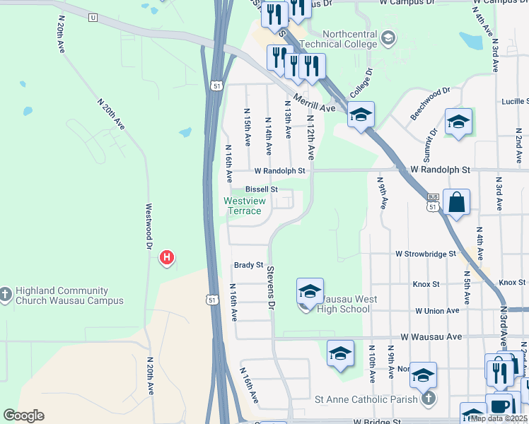 map of restaurants, bars, coffee shops, grocery stores, and more near 1404 Silver Spings Street in Wausau