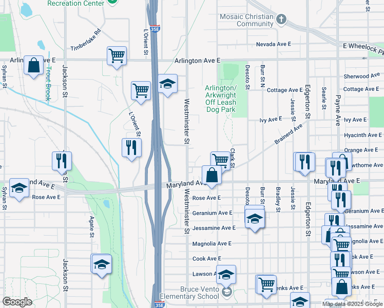 map of restaurants, bars, coffee shops, grocery stores, and more near 1260 Westminster Street in Saint Paul