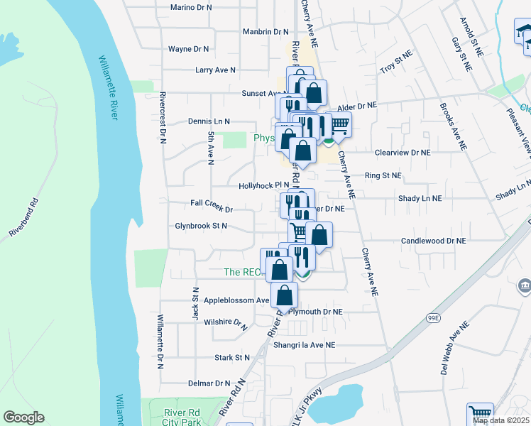 map of restaurants, bars, coffee shops, grocery stores, and more near 328 Lost Creek Court North in Keizer