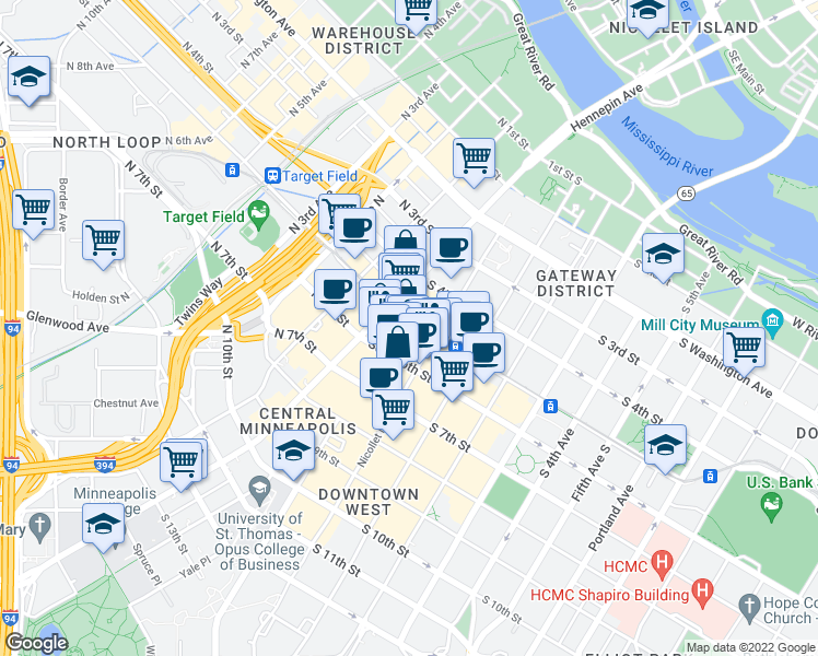 map of restaurants, bars, coffee shops, grocery stores, and more near 29 South 5th Street in Minneapolis
