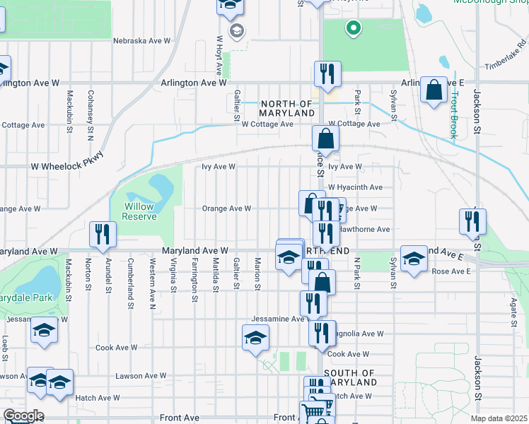 map of restaurants, bars, coffee shops, grocery stores, and more near 1258 Marion Street in Saint Paul