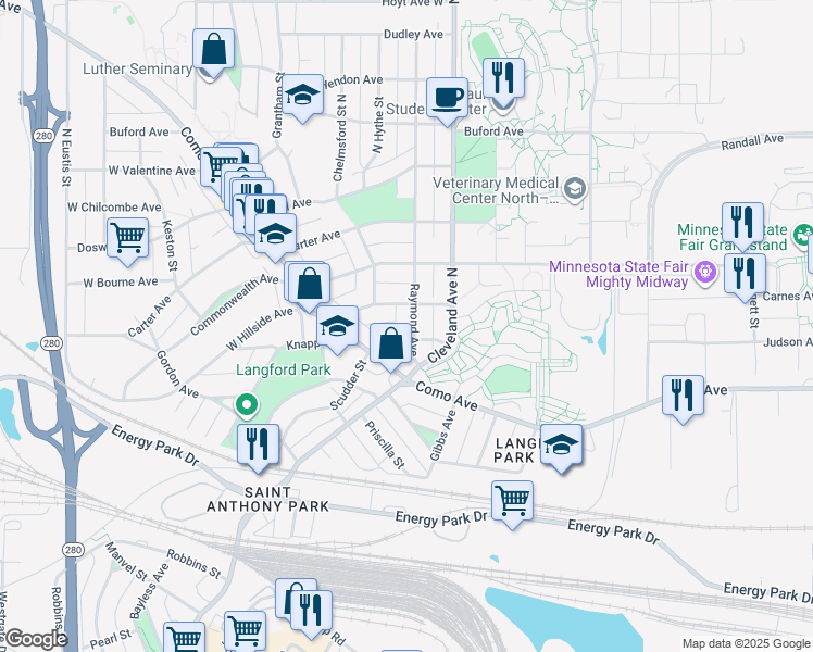map of restaurants, bars, coffee shops, grocery stores, and more near 1267 Raymond Avenue in Saint Paul