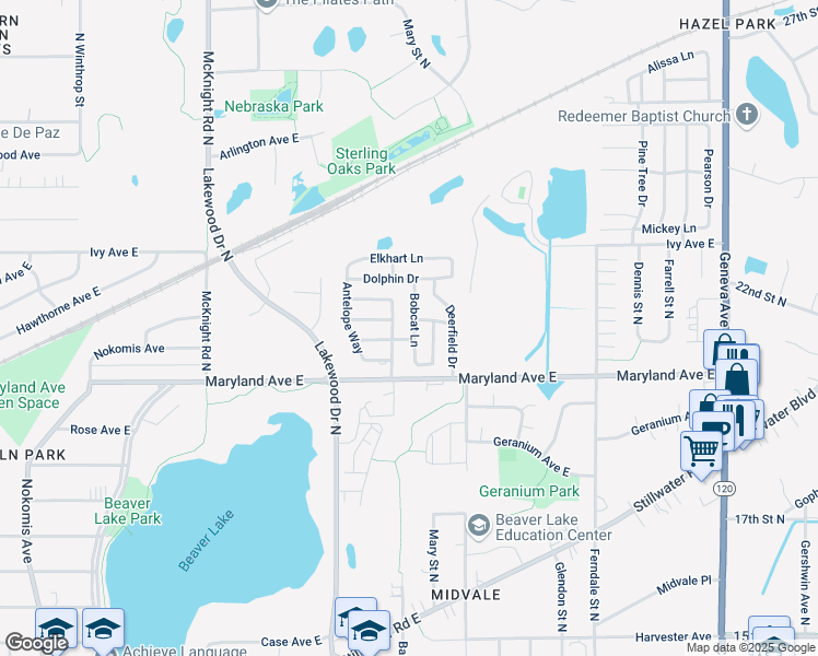 map of restaurants, bars, coffee shops, grocery stores, and more near 1243 Bobcat Lane in Maplewood