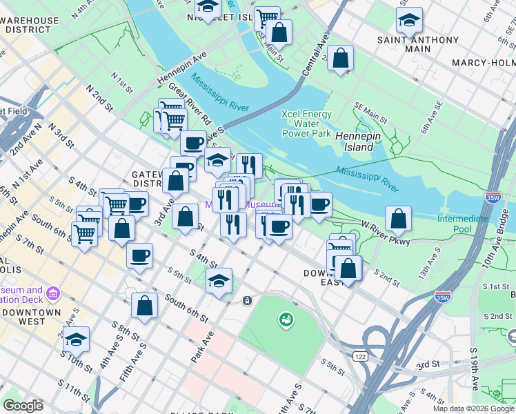 map of restaurants, bars, coffee shops, grocery stores, and more near 212 Portland Avenue South in Minneapolis