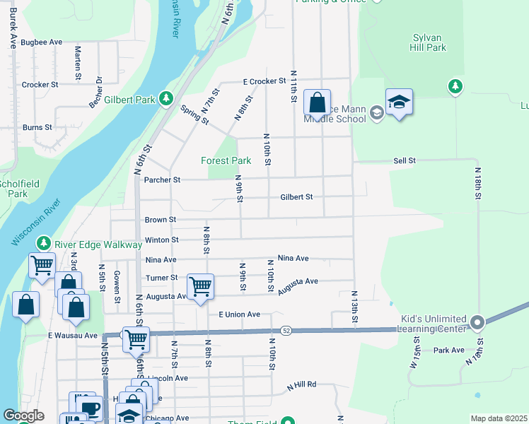 map of restaurants, bars, coffee shops, grocery stores, and more near 930 Brown Street in Wausau