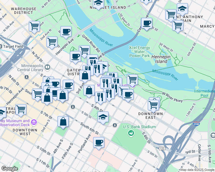 map of restaurants, bars, coffee shops, grocery stores, and more near 767 South 5th Avenue in Minneapolis