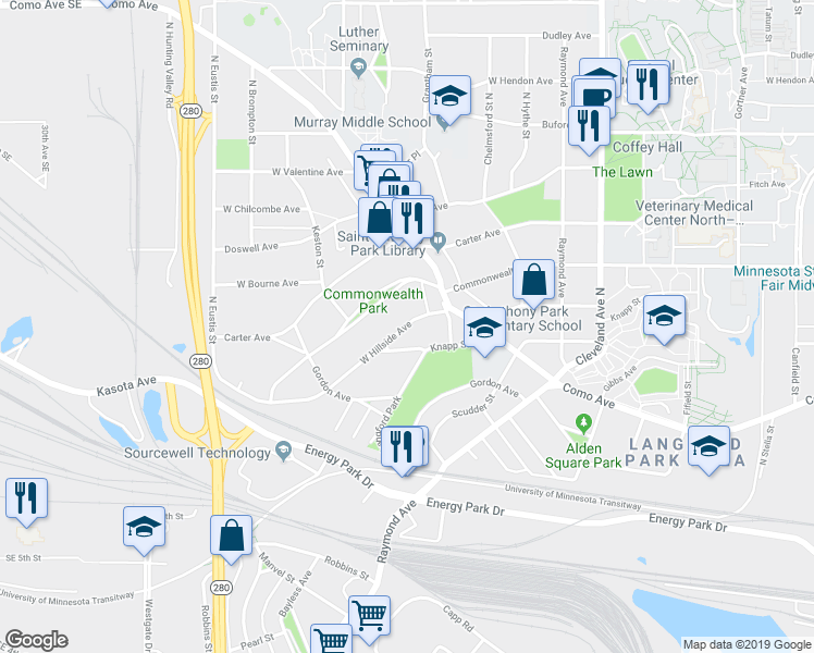 map of restaurants, bars, coffee shops, grocery stores, and more near 2240 West Hillside Avenue in Saint Paul