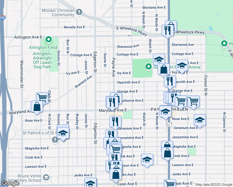 map of restaurants, bars, coffee shops, grocery stores, and more near 1255 Payne Avenue in Saint Paul