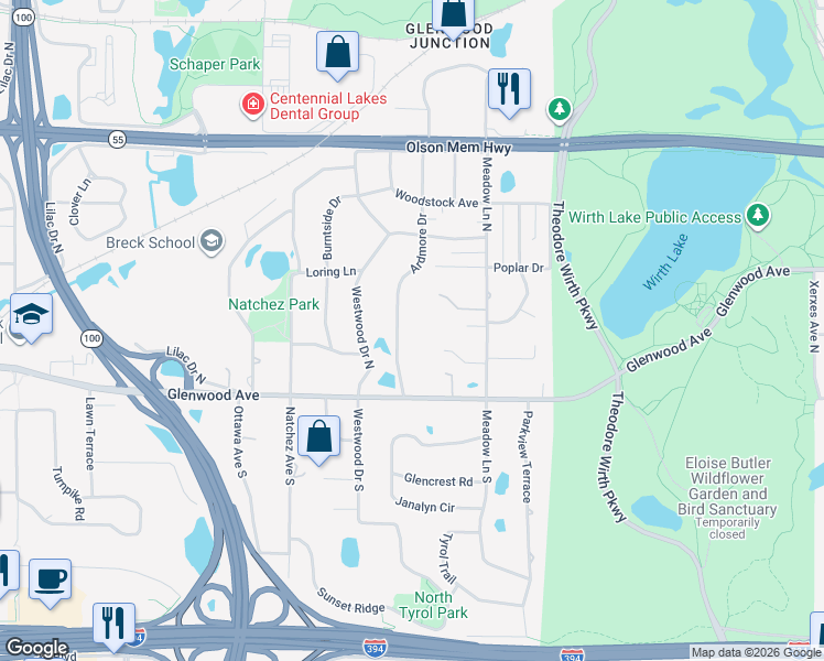 map of restaurants, bars, coffee shops, grocery stores, and more near 112 Ardmore Drive in Minneapolis