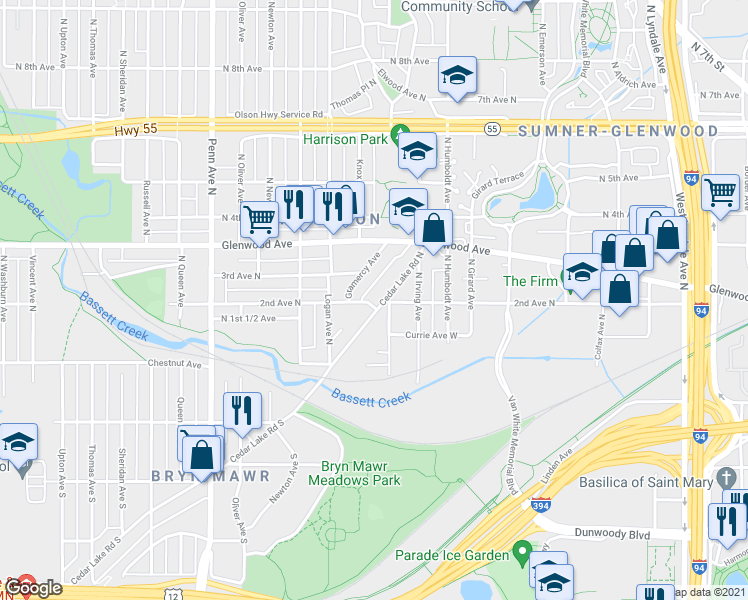 map of restaurants, bars, coffee shops, grocery stores, and more near 203 Cedar Lake Road North in Minneapolis