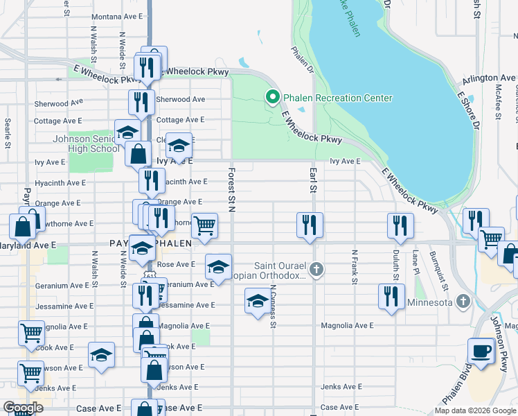 map of restaurants, bars, coffee shops, grocery stores, and more near 996 Orange Avenue East in Saint Paul