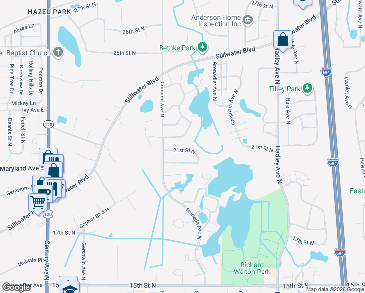 map of restaurants, bars, coffee shops, grocery stores, and more near 6586 21st Street North in Saint Paul