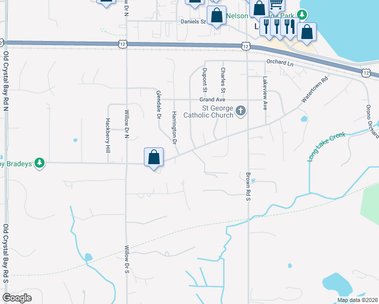 map of restaurants, bars, coffee shops, grocery stores, and more near 2245 Watertown Road in Long Lake
