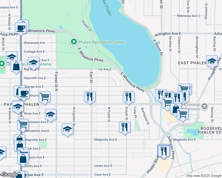 map of restaurants, bars, coffee shops, grocery stores, and more near 1136 Orange Avenue East in Saint Paul