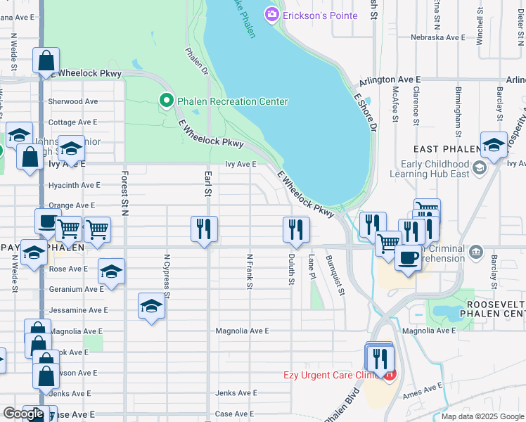 map of restaurants, bars, coffee shops, grocery stores, and more near 1136 Orange Avenue East in Saint Paul
