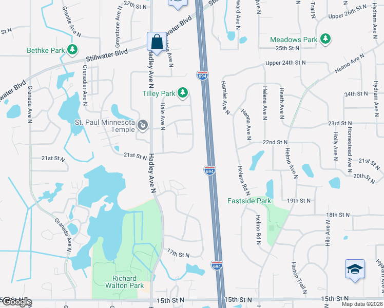 map of restaurants, bars, coffee shops, grocery stores, and more near 2133 Hallmark Avenue North in Oakdale