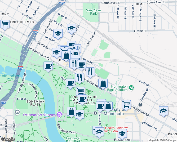 map of restaurants, bars, coffee shops, grocery stores, and more near 320 16th Avenue Southeast in Minneapolis