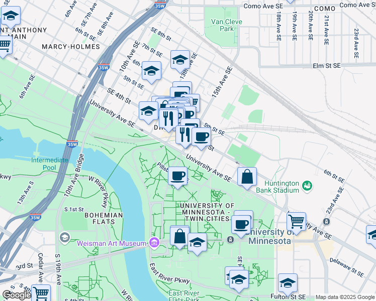 map of restaurants, bars, coffee shops, grocery stores, and more near 1521 University Avenue Southeast in Minneapolis