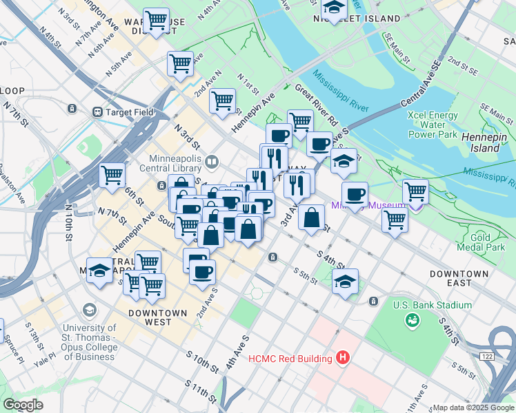 map of restaurants, bars, coffee shops, grocery stores, and more near 330 2nd Avenue South in Minneapolis