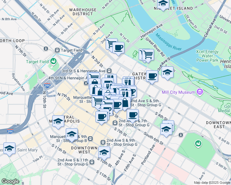 map of restaurants, bars, coffee shops, grocery stores, and more near 409 South Marquette Avenue in Minneapolis