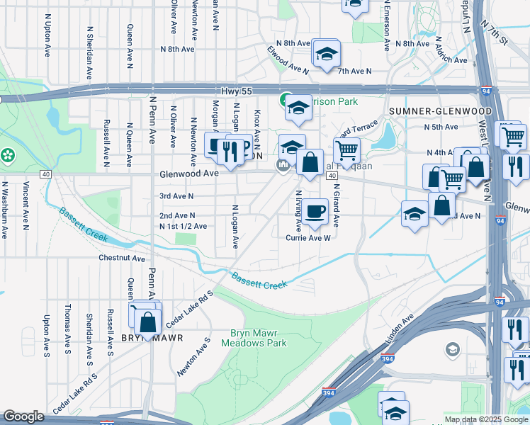 map of restaurants, bars, coffee shops, grocery stores, and more near 203 Cedar Lake Road North in Minneapolis
