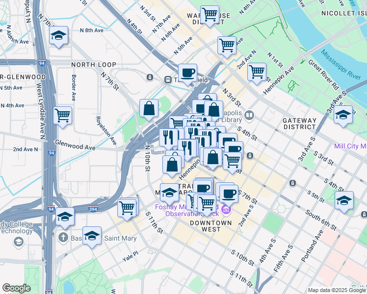 map of restaurants, bars, coffee shops, grocery stores, and more near 628 North 1st Avenue in Minneapolis