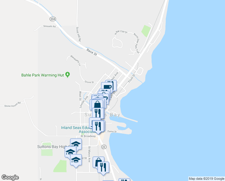 map of restaurants, bars, coffee shops, grocery stores, and more near 503 North Saint Joseph Street in Suttons Bay