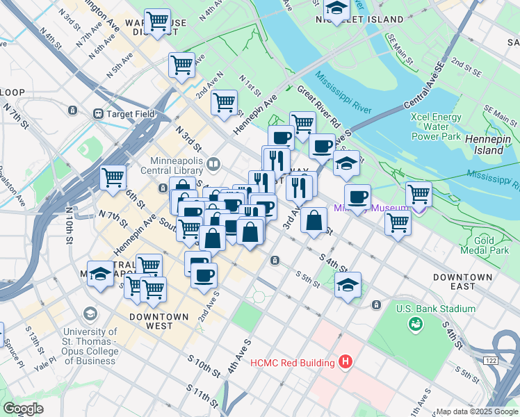 map of restaurants, bars, coffee shops, grocery stores, and more near 330 2nd Avenue South in Minneapolis
