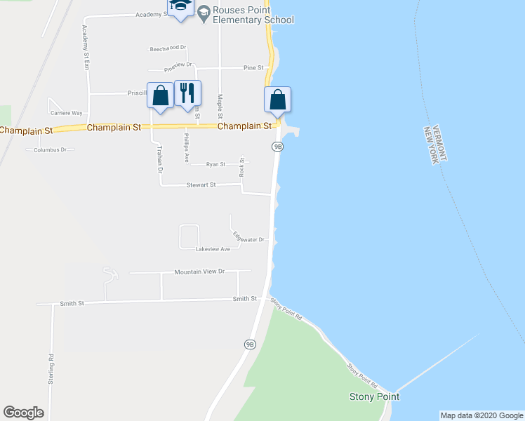 map of restaurants, bars, coffee shops, grocery stores, and more near 296 Lake Street in Rouses Point