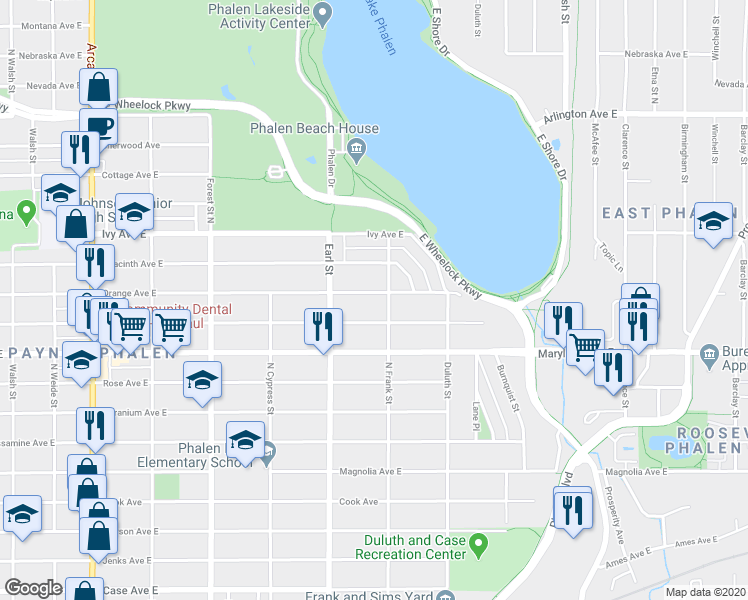 map of restaurants, bars, coffee shops, grocery stores, and more near 1104 Orange Avenue East in Saint Paul