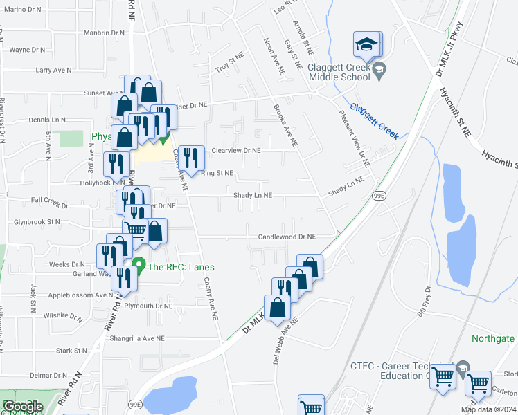 map of restaurants, bars, coffee shops, grocery stores, and more near 3684 Shady Place Northeast in Keizer