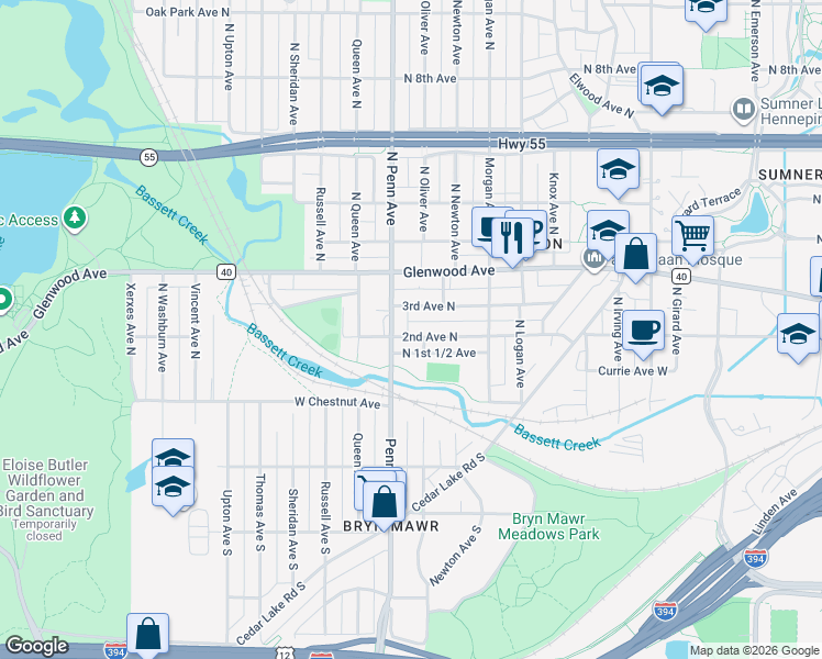 map of restaurants, bars, coffee shops, grocery stores, and more near 2110 2nd Avenue North in Minneapolis