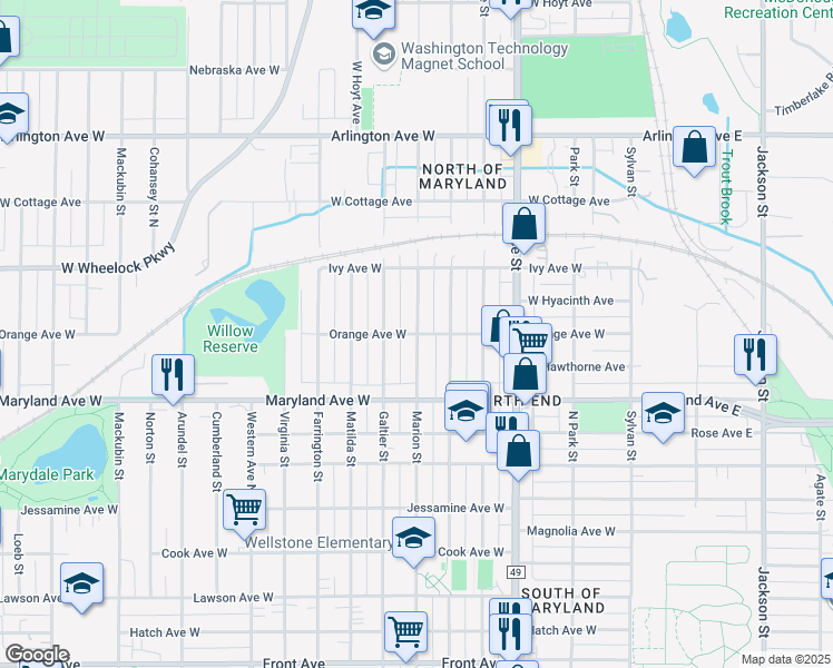 map of restaurants, bars, coffee shops, grocery stores, and more near 230 Orange Avenue West in Saint Paul