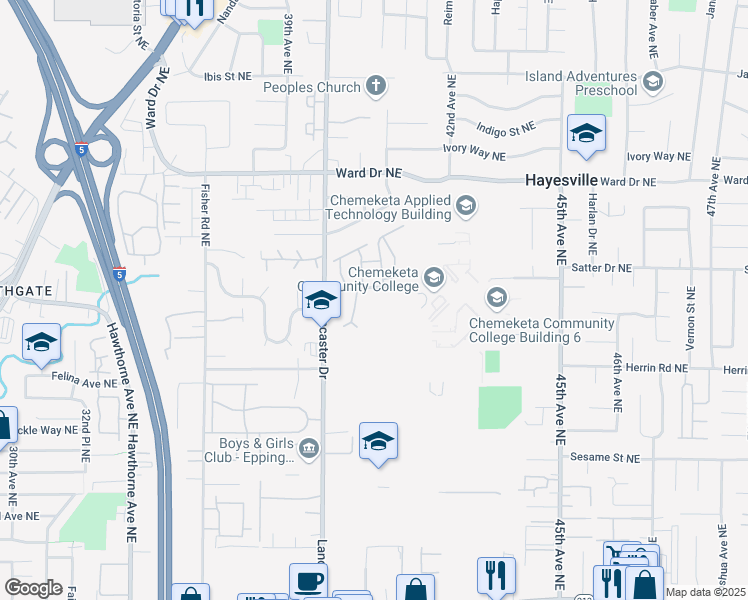 map of restaurants, bars, coffee shops, grocery stores, and more near 4178 Embassy Way Northeast in Salem