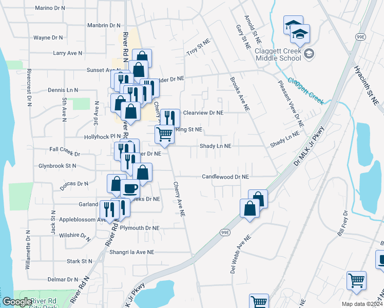 map of restaurants, bars, coffee shops, grocery stores, and more near 3682 Ellie Court Northeast in Keizer