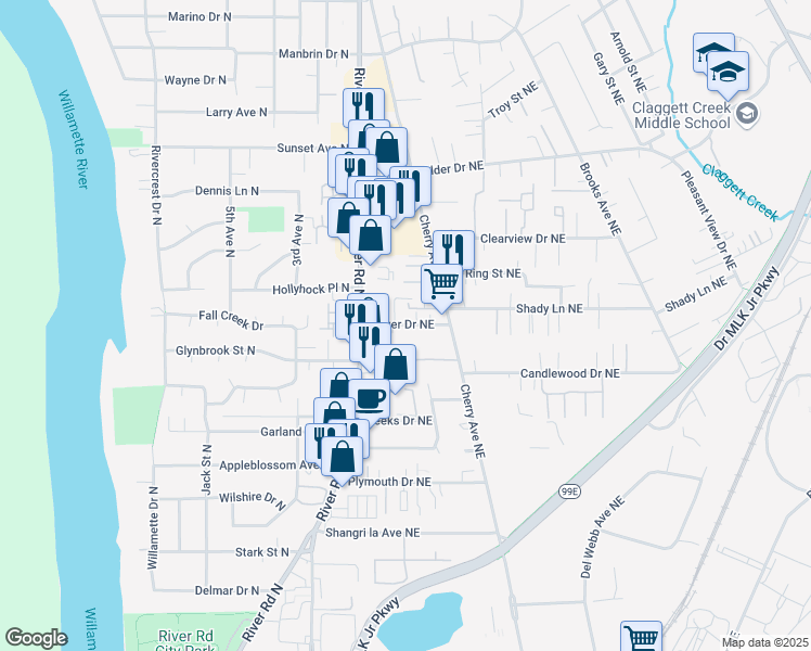 map of restaurants, bars, coffee shops, grocery stores, and more near 692 Bever Drive Northeast in Keizer