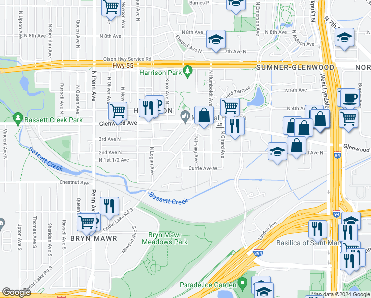 map of restaurants, bars, coffee shops, grocery stores, and more near 229 North Irving Avenue in Minneapolis
